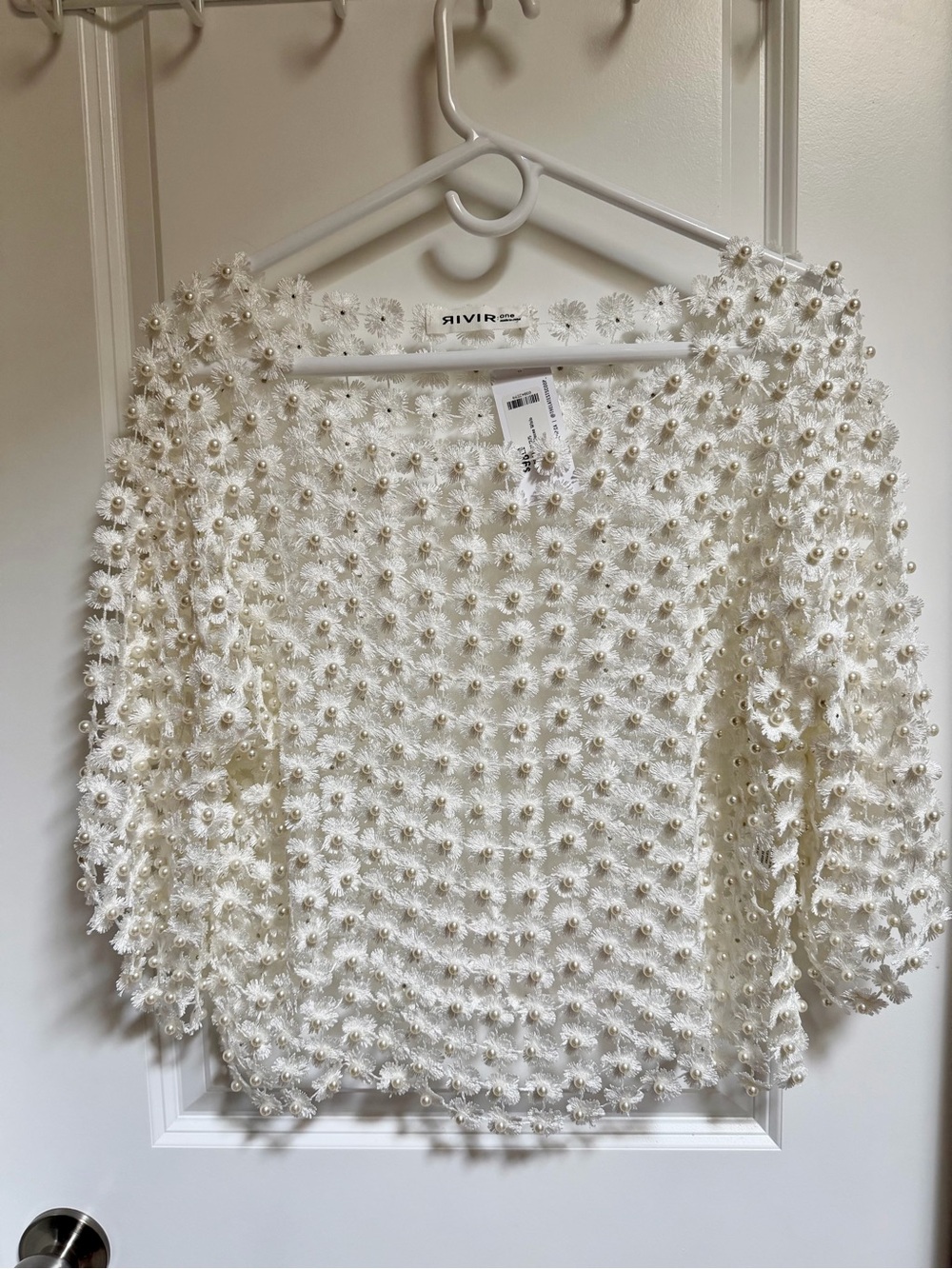 NWT Rivir Crochet Floral Pearl-Embellished Top Blouse Bridal Honeymoon New Years